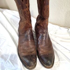 Lunches 1883 men's ranch hand tan leather boots traditional stitch SZ 10.5 D